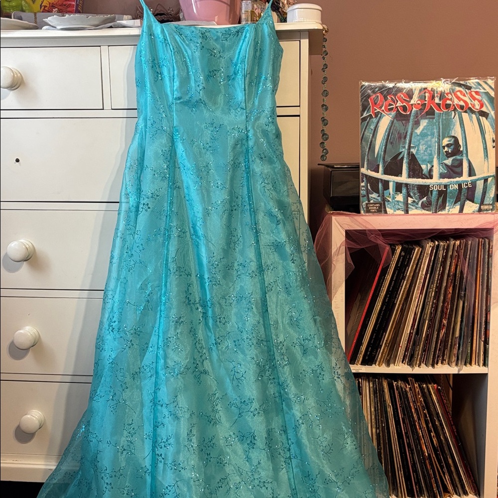 Vintage‎ Y2K Fairy Maxi Dress Gown Blue Princess Tulle Sparkle 4 Aqua Corset 90s
